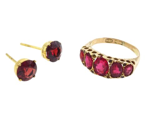Pair of 9ct gold round cut garnet stud earrings, hallmarked and an early 20th century 9ct rose gold five pink stone set ringC