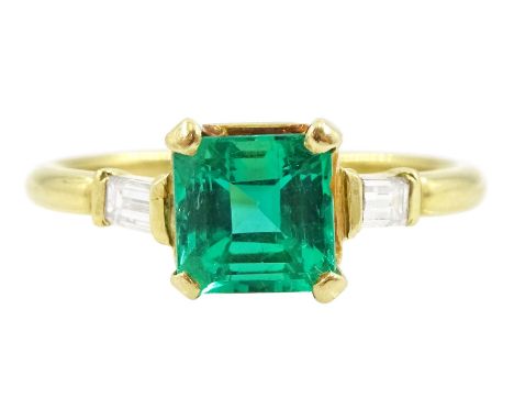18ct gold three stone square cut emerald and baguette cut diamond ring, hallmarked, emerald approx 1.35 caratCondition Report