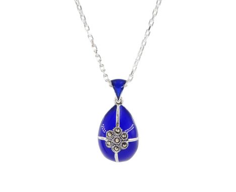 Silver blue enamel and marcasite pendant necklace, stamped 925Condition Report:Length = 3cm, chain length = 46cm, good condit