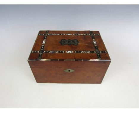 A late Victorian burr walnut two compartment tea caddy, inlaid with crossed bands of abalone, ebony and ivory, 19 x 13 x 10 c