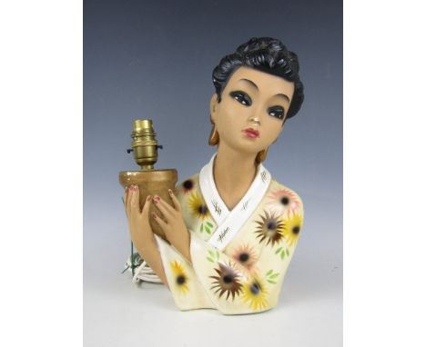 A mid 20th Century kitch chalkware table lamp, modelled as an Oriental lady holding aloft a light, can be table or wall mount