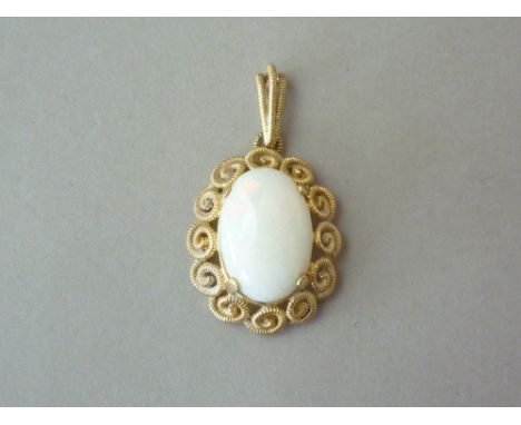 An opal pendant, the cabochon-cut stone of approximately 4ct, claw-set above a 9ct gold wirework frame formed from a successi