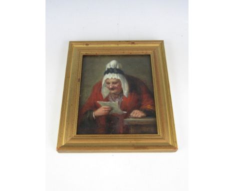 (19th Century) Portrait of an elderly Georgian lady reading a letter, wearing cotton cap and reading glasses, oil on board, f