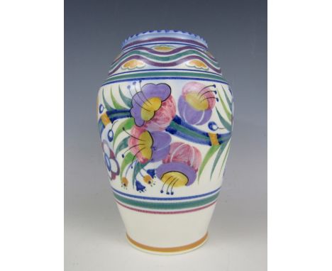 A Poole Pottery vase, of inverted baluster form with bulbous neck, decorated with wavy and stylized floral bands, impressed a