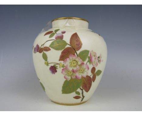 A Royal Worcester porcelain blush ivory oviform pot and cover, hand enamelled and gilt enriched with floral sprigs, puce back