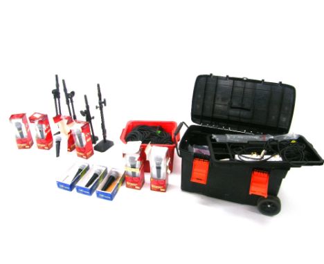 *Nine Shure C606 microphones, boxed; together with four Stagg microphone stands and a quantity of audio leads