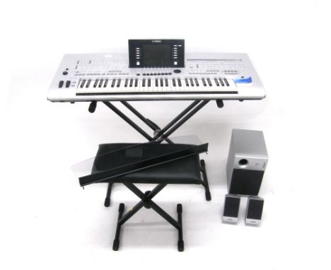 Yamaha Tyros 4 digital keyboard, boxed, with stand and stool; together with a Yamaha TRS-MS04 optional speaker system for Tyr
