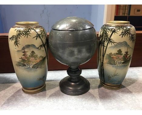 Pair satsuma vases and a tea caddy 
