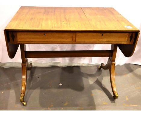 George III inlaid walnut drop leaf sofa table with two drawers, sabre supports and brass castors, 140 x 65 x 70 cm H (open). 