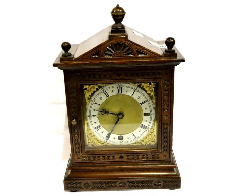 Winterhalder &amp; Hofmeier oak carved mantel clock in working order. Not available for in-house P&amp;P, contact Paul O'Hea 