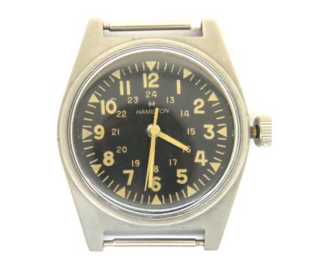 Hamilton; 1969 issued US Military wristwatch head with black dial and luminescent chapters. Requires attention. P&amp;P Group
