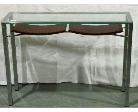 A contemporary glass top console table having a chrome frame and two faux croc shelves beneath, 100 x 30 x 74 cm H. Not avail