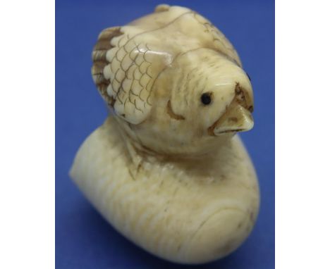 Unusual ivory carved netsuke in the form of a chick with stone set eyes emerging from an egg, H: 31 mm, unsigned. P&amp;P Gro