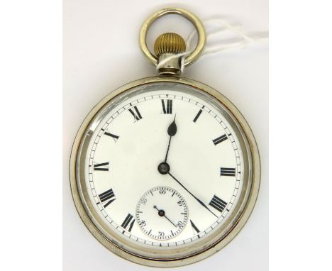 Omega; a silver plated crown wind pocket watch with screw back, the enamel dial with Roman chapters and subsidiary seconds di