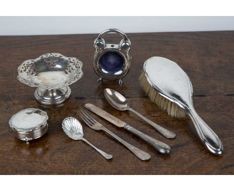 Collection of silverIncluding: a silver fronted watch holder in the form of a padlock, small silver pierced bon-bon dish, sil