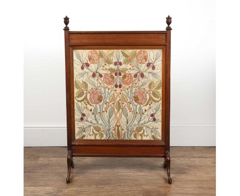 Designed by William Morris (1834-1896)Arts & Crafts, mahogany framed firescreen, with inset embroidered 'Rose and Olive' pane