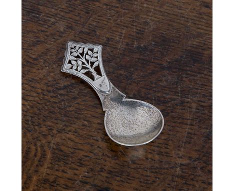 Arts and Crafts silver tea caddy spoon Of stylised form, the lozenge handle/finial with a pierced tree of life design, with a