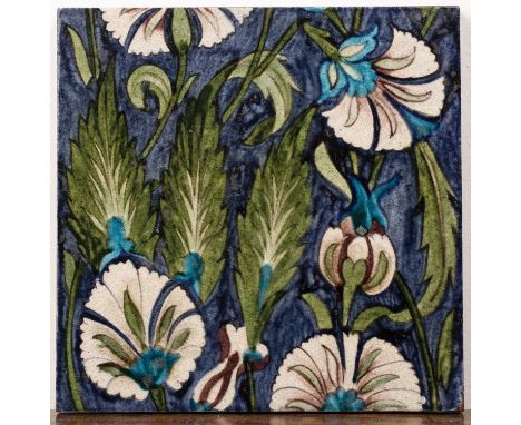 William De Morgan (1839-1917) 'Iznik carnation' Merton Abbey period ceramic tile, marked to the reverse 'Craven Dunnill & Co,