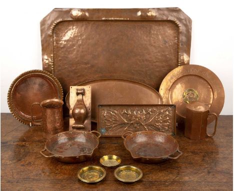 Collection of Arts and Crafts and later copperwareIncluding: Paul Gilling inlaid tray decorated with acorns and personal stam