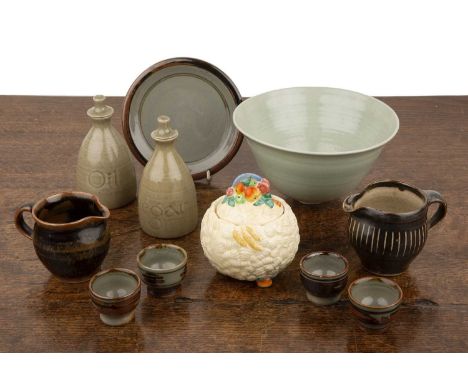 Mixed group of studio ceramicsIncluding: a Clarice Cliff pot and cover, a Yelland Pottery iron glazed jug, impressed marks to