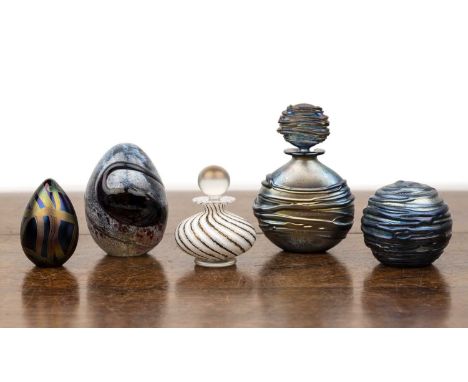 Timothy Harris for Isle of Wight Studio Glass Collection of glass consisting of: a Night Sea range flattened flask perfume bo