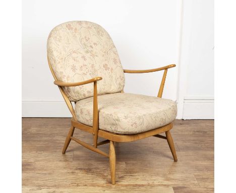 Lucian Ercolani for Ercol '335' easy chair or armchair with beech spindle frame, with floral upholstered cushions, 90cm high 