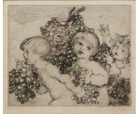 Amalie Bauerle or Amelia Bowerley (1873-1916) 'Children with grapes', etching, signed in pencil lower right, framed but not g