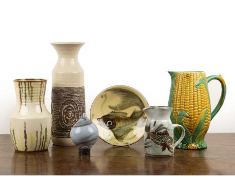 Collection of studio ceramics and pottery Including: large 19th Century pearlware corn on the cob jug, unmarked, 29.5cm high,