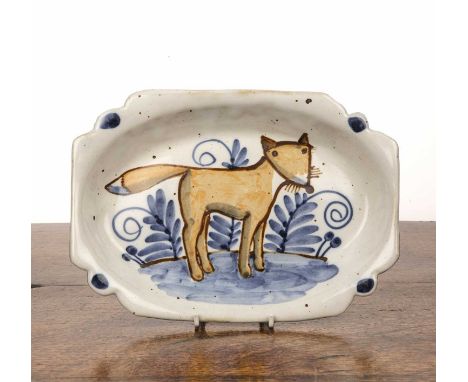 Andrew McGarva (b.1956) Studio pottery dish decorated with a fox, marked 'McGarva Aunay' to the reverse, 24cm wide x 17cm dee