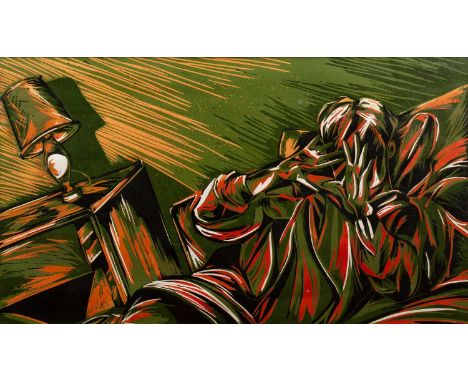 Contemporary English School 'Untitled interior scene with lamp', linocut, unsigned, 30cm x 53cm  Generally in good condition.