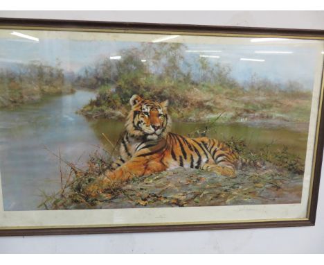 Large framed David Shepherd limited edition print titled tiger in the sun signed in pencil with blind stamp (Severe foxing)