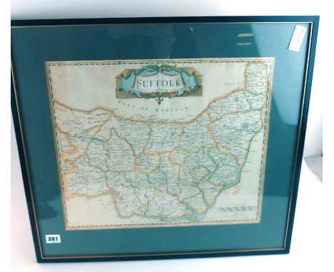 Morden R. : Suffolk County Map, C.1720. Hand coloured decorative cartouche and in outline. Mounted, framed and glazed.