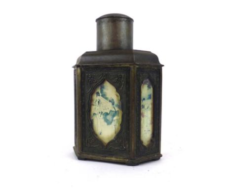 A late 19th century Chinese Export lacquered tea caddy, gilt decorated with a pewter liner, w. 22 cm, together with a pewter 
