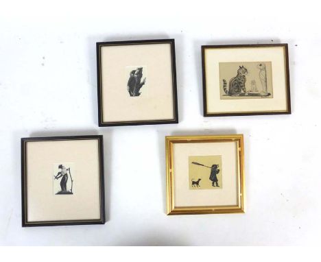 After Louis Wain (1860-1939),a study of three cats,coloured engraving,12 x 16 cm, an engraving by Clare Leighton 'Sharpening 