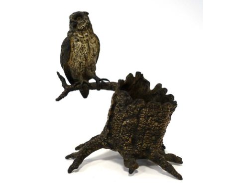 Franz Xaver Bergmann (1861-1936), a cold-painted bronze modelled as an owl seated on an outstretched branch from a stump, sta