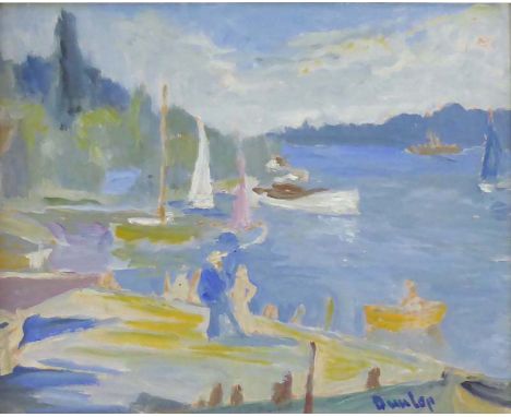Ronald Ossory Dunlop (Irish, 1894-1973),boats by the shore,signed,oil on board,25 x 28 cm   CONDITION REPORT:  Some damage to