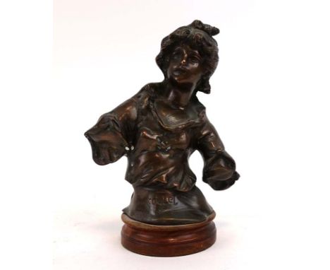 After Ernest Rancoulet (1842-1905), a bronze bust of a lady, on a later plinth, h. 20 cm