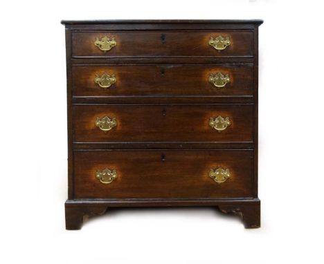 An 18th century and later oak bachelor's chest of four long graduated drawers on bracket feet, w. 80 cm