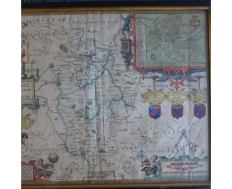 Speed J. : Bedford Shire, dated 1610. Hand coloured. Bedford town plan vignette, decorative heraldic cartouche & scale. Toget