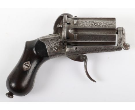 6 Shot 7mm Pin Fire Self Cocking Belgian Pepperbox Revolver, frame and fluted Liege proved cylinder engraved with flower head