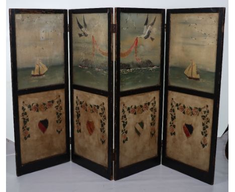 Very Unusual Folding Four Panel Screen With Painted Images of WW1 Naval and Aviation Interest, interesting and large item pro