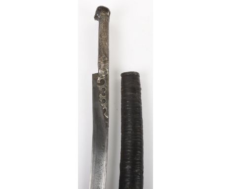 Turkish Silver Mounted Sword Yataghan, single edge blade with thickened back edge inlaid in silver with small script cartouch