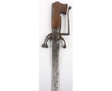 ^ North African Sword Nimcha, Late 19th Century, slightly curved single edge blade cut with 3 narrow fullers and stamped with