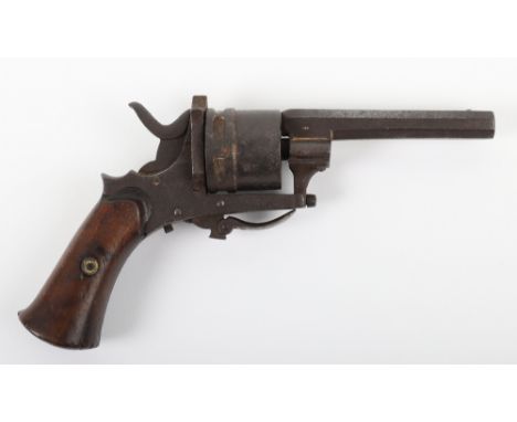 6 Shot 7mm Pinfire Belgian Self Cocking Revolver, octagonal barrel Liege proved, side gate loading, folding trigger, 2 piece 