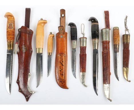 4x Assorted Finnish Hunting Knives and another from Norway, each with etched blade and each in their close fitting open top l