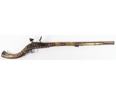 Decorative 36 Bore Afghan Flintlock Gun Jezail, fitted with an East India Company lock engraved with EIC lion, stock inlaid w