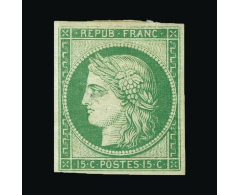 France : (SG 4) 1850 Ceres 15c green on bluish-green - good-looking example with even margins and much original gum - large t