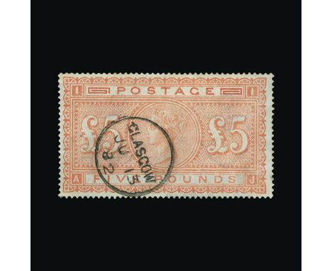 Great Britain - QV (surface printed) : (SG 133) 1867-83 blued paper £5 orange, AJ, centred slightly to left, neat GLASGOW cds
