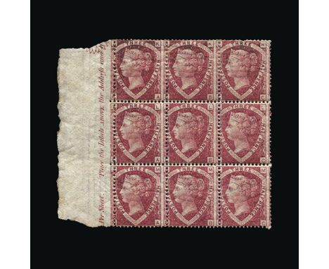 Great Britain - QV (line engraved) : (SG 52) 1870 1½d lake-red, plate 3, marginal block of 9 with extensive imprint, some lig