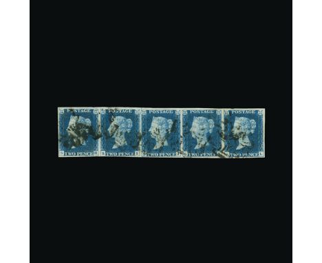 Great Britain - QV (line engraved) : (SG 5) 1840 2d blue, plate 2, horizontal strip of 5, SH-SL, margins all around (scarce t
